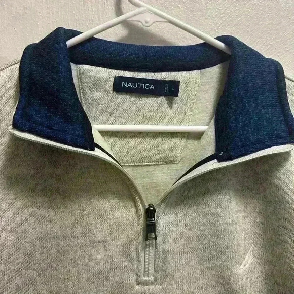 Nautica- grey pull over sweater with front zipper.  Size: large - Picture 2 of 5